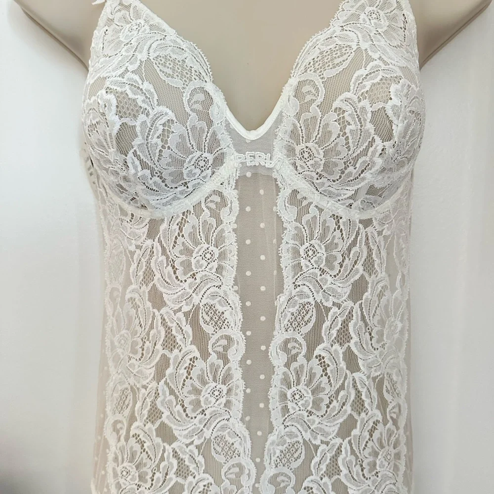 LA Perla Vintage Sheer Lace Plunge Bodysuit in Ivory